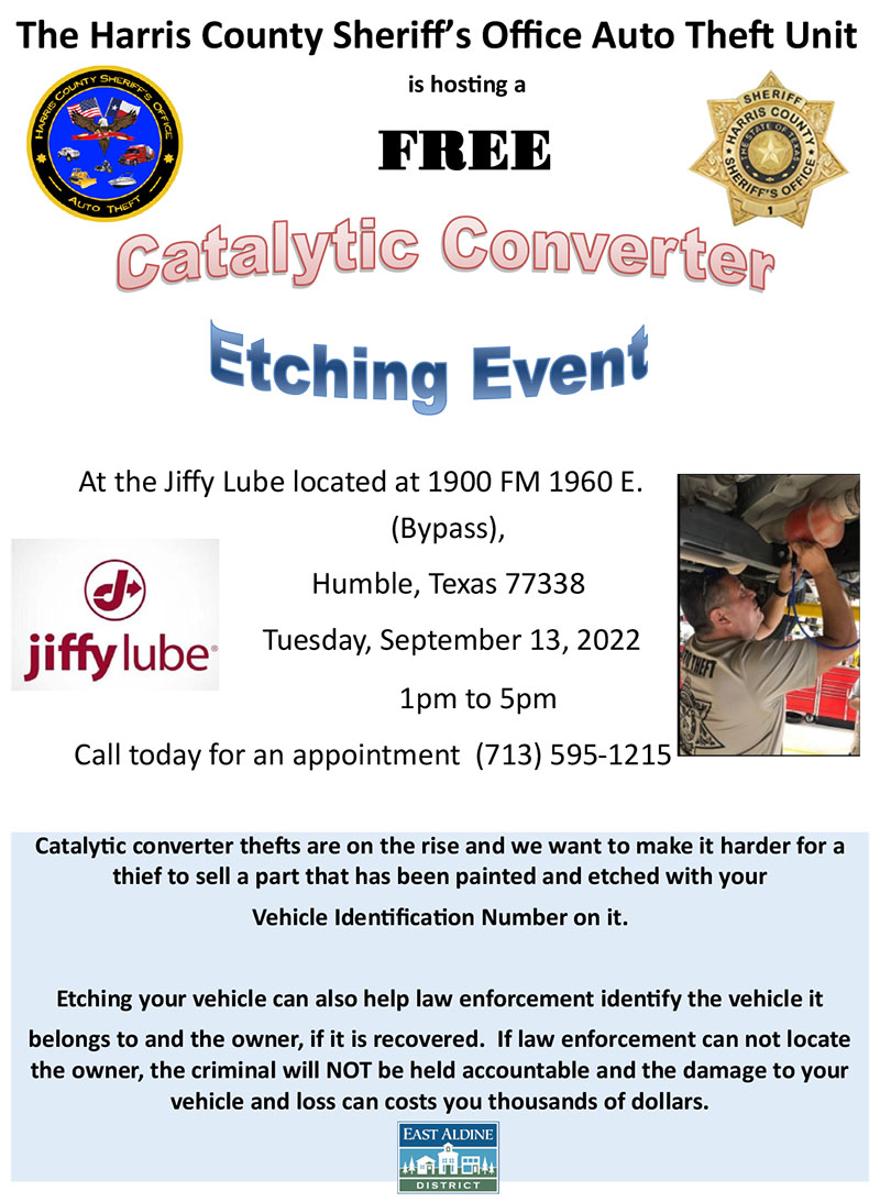 Free Catalytic Converter Etching Event, Sept. 13 East Aldine